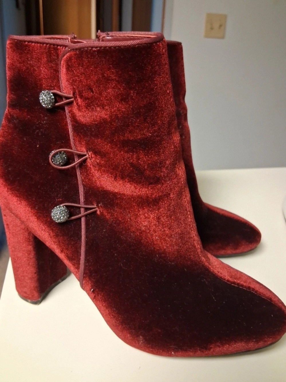 Nina Wine Red Velvet Ankle Boots with Sparkle Button Accents